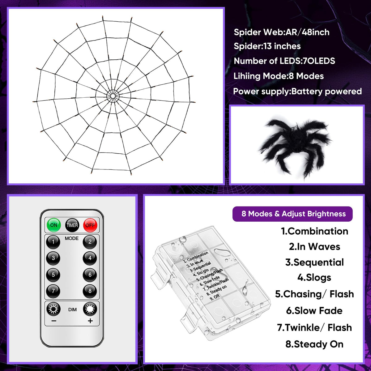 LCHUANG Halloween Decorations Lights Spider Web Lights - 2 Sets (Purple and Orange) view 4