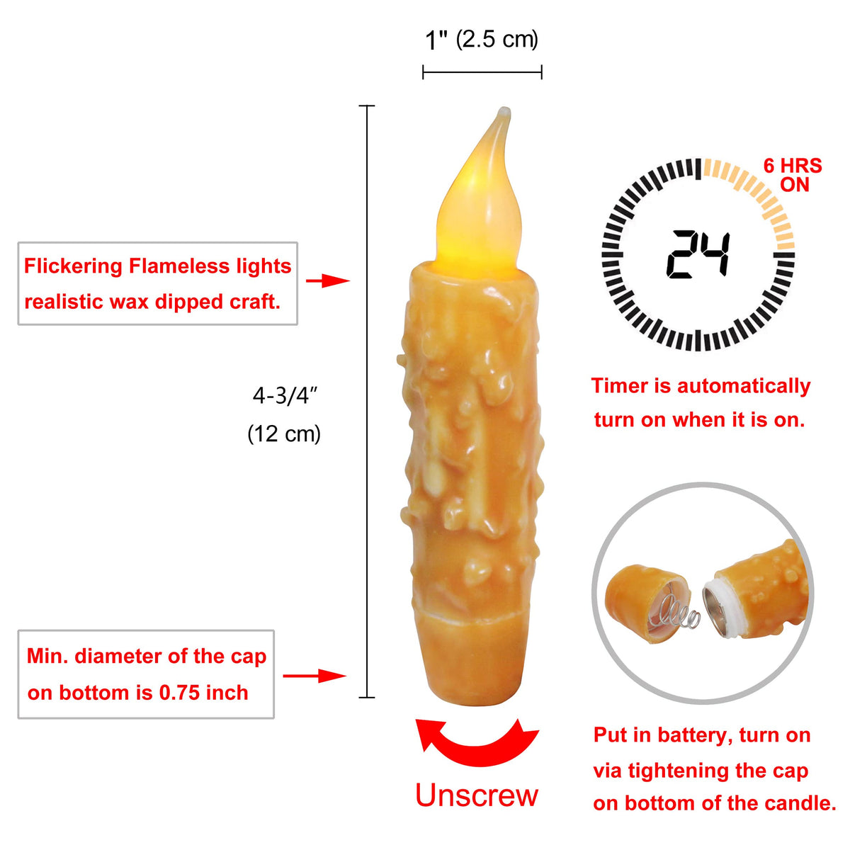 CVHOMEDECO. Real Wax Hand Dipped Battery Operated LED Timer Taper Candles Country Primitive Flameless Lights Décor - Orange 3 Pcs view 5