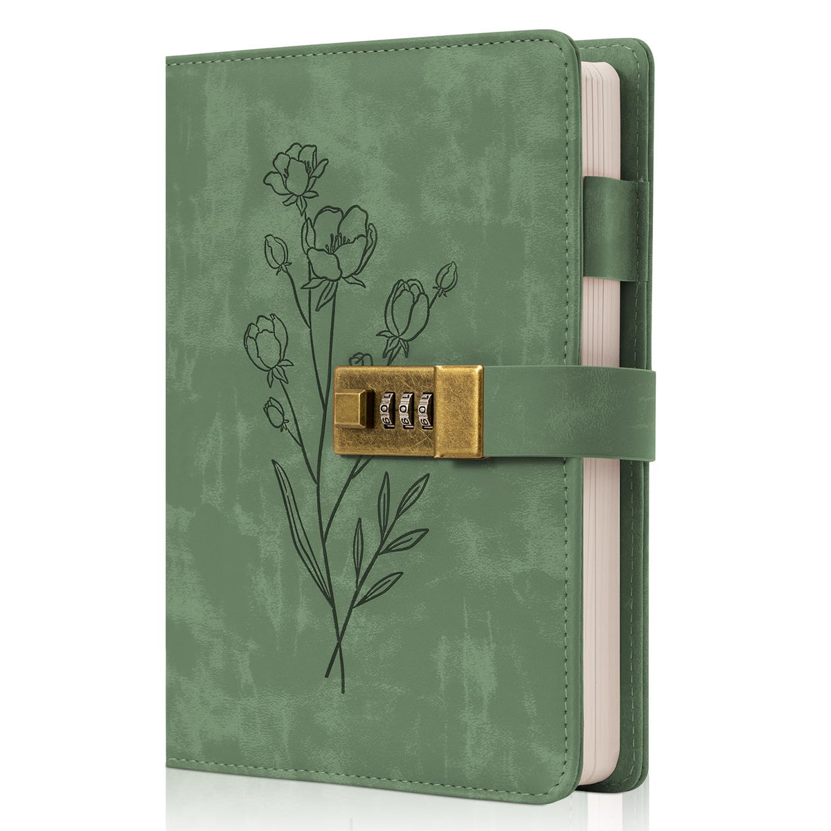 Ovesmusl Leather Lock Diary Journal, A5 - Embossed Green Bouquet