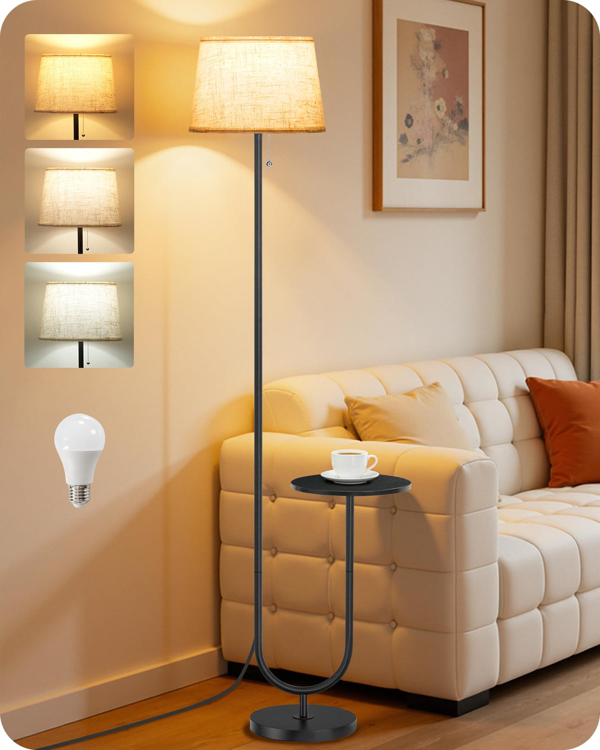 GOEBLESON Floor Lamp with Side Table, Standing Lamp for Living Room with Tray, Pull-Chain