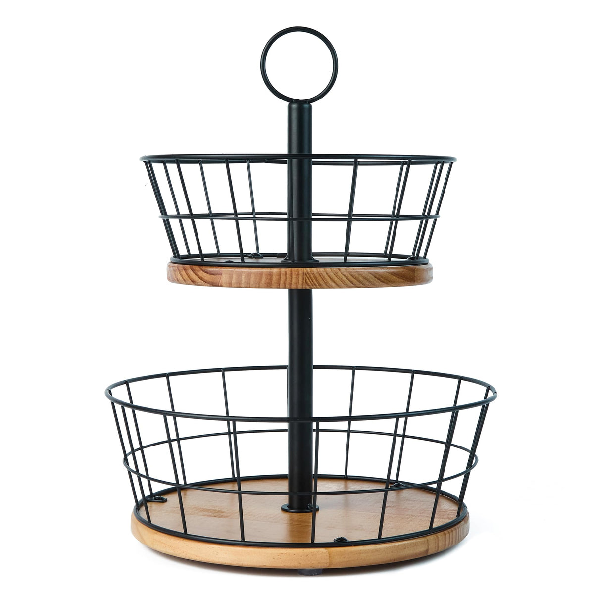 WILDMOS 2 Tier Fruit Bowl - Sturdy Iron Wire Fruit Basket with Real Wood Base, 12 Inch