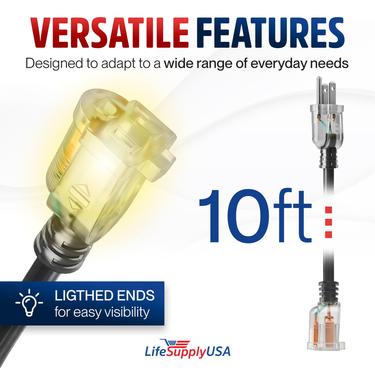 LifeSupplyUSA Outdoor/Indoor Extension Cord Heavy Duty 3 Prong SJTW - 10 FT / 12AWG view 5