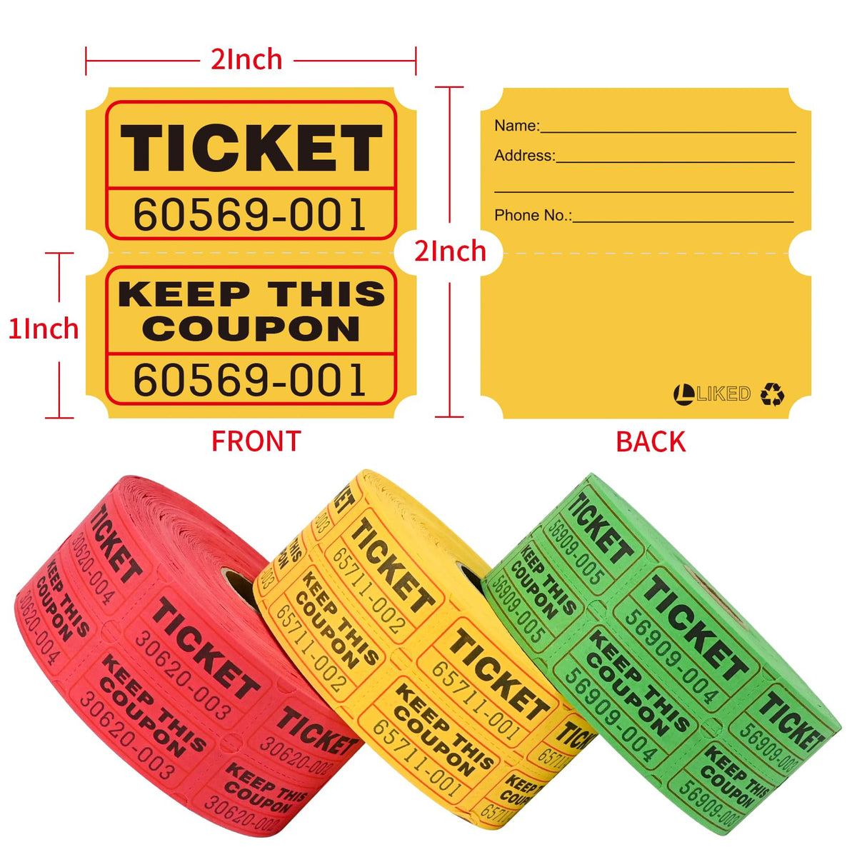 LLIKED 2"x2" Double Roll Raffle Tickets - 3000-yellow,green and Red view 1