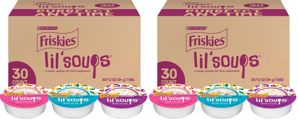 Friskies Purina Grain Free Wet Cat Food Lickable Cat Treats Variety Pack,Lil' Soups with Salmon,Tuna or Shrimp - 1.2 (Pack of 60)