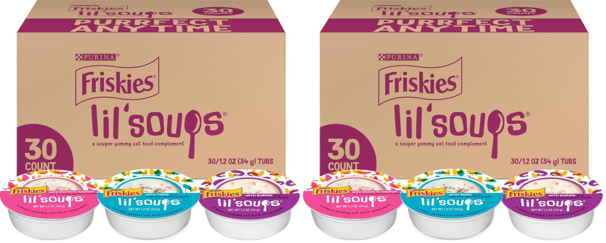 Friskies Purina Grain Free Wet Cat Food Lickable Cat Treats Variety Pack,Lil' Soups with Salmon,Tuna or Shrimp - 1.2 (Pack of 60)