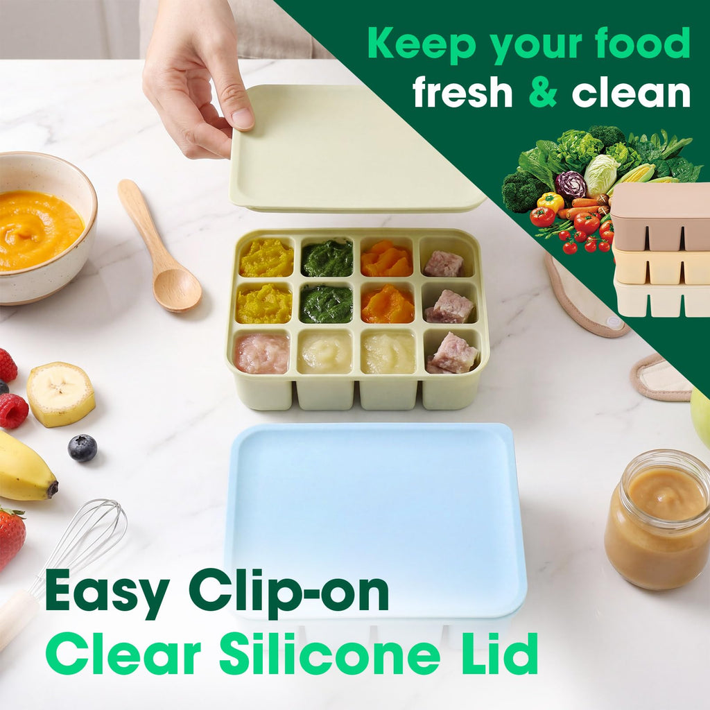 3 Pack Baby Food Freezer Tray with Lids - Blue, Green, Khaki view 4