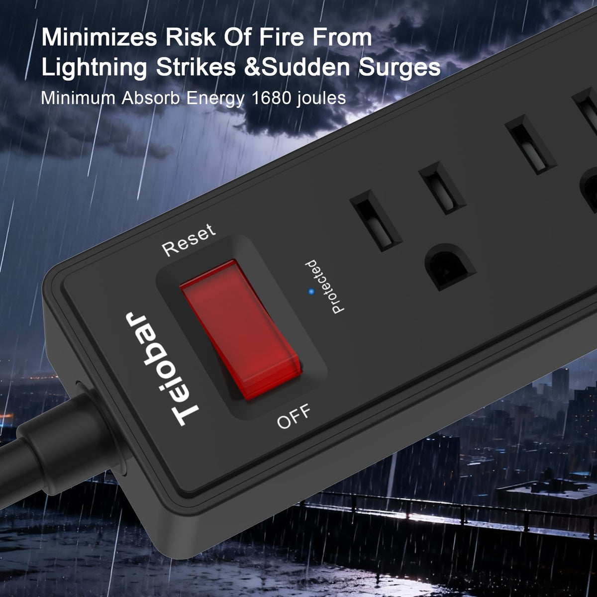 Teiobar Extension Cord Power Strip - Black(6 Outlets/2U1C) / 6 Ft view 4