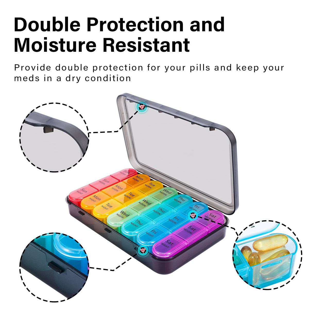 Daviky Pill Organizer 3 Times a Day, Pill Box 7 Day, Weekly Travel Case