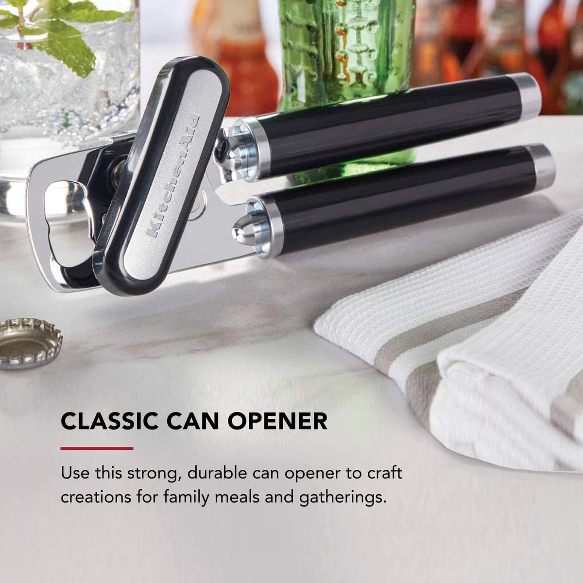 KitchenAid Classic Multifunction Can Opener and Bottle Opener Easy to Use, Razor Sharp Stainless Steel Cutting Wheel, Soft Ergonomic Handles