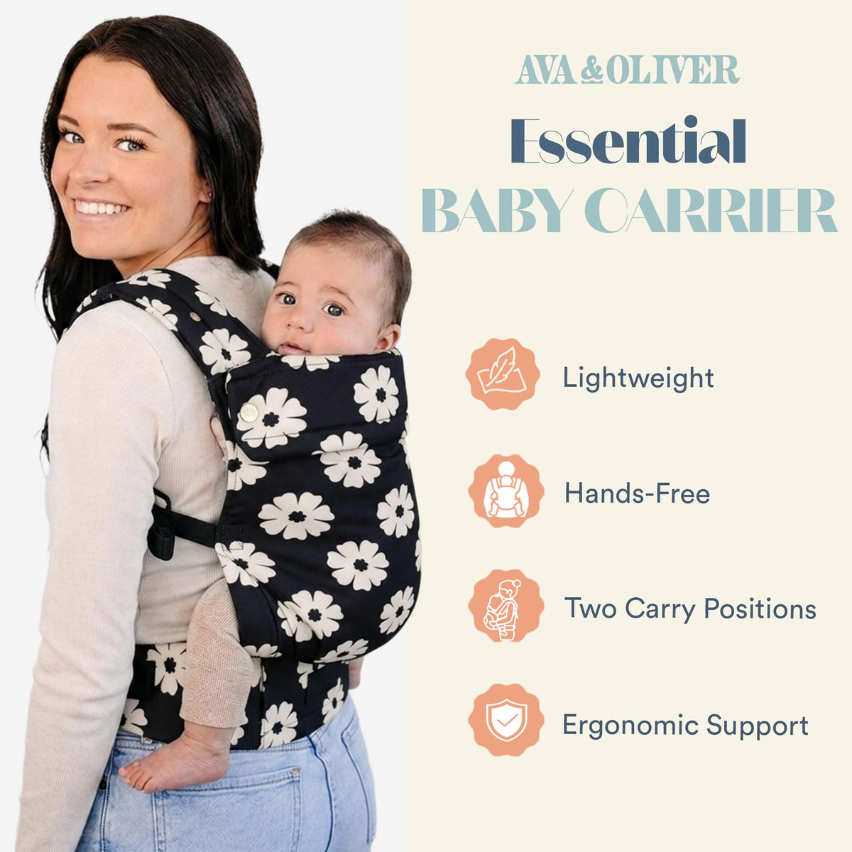 Ergonomic Hip-Healthy Baby Carrier, Front and Back Carry, 7-35 lbs - Black Floral view 1