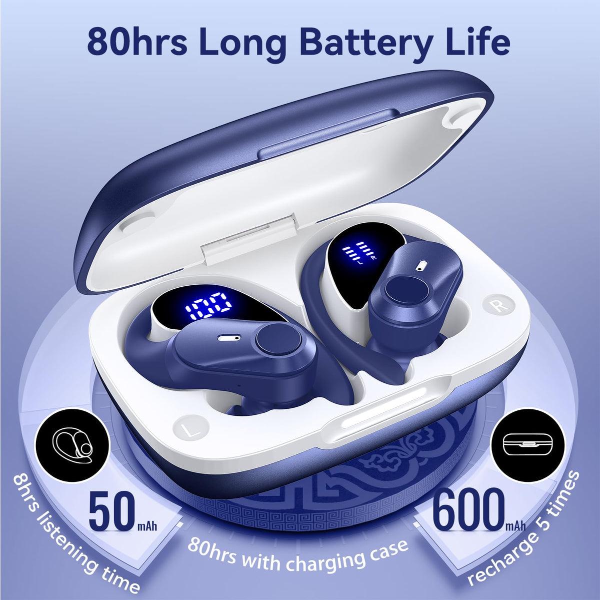 Active Noise Cancelling Ear Buds Wireless Bluetooth Headphones 80H Playtime Display Charging Case 50dB ANC Over - Blue view 4