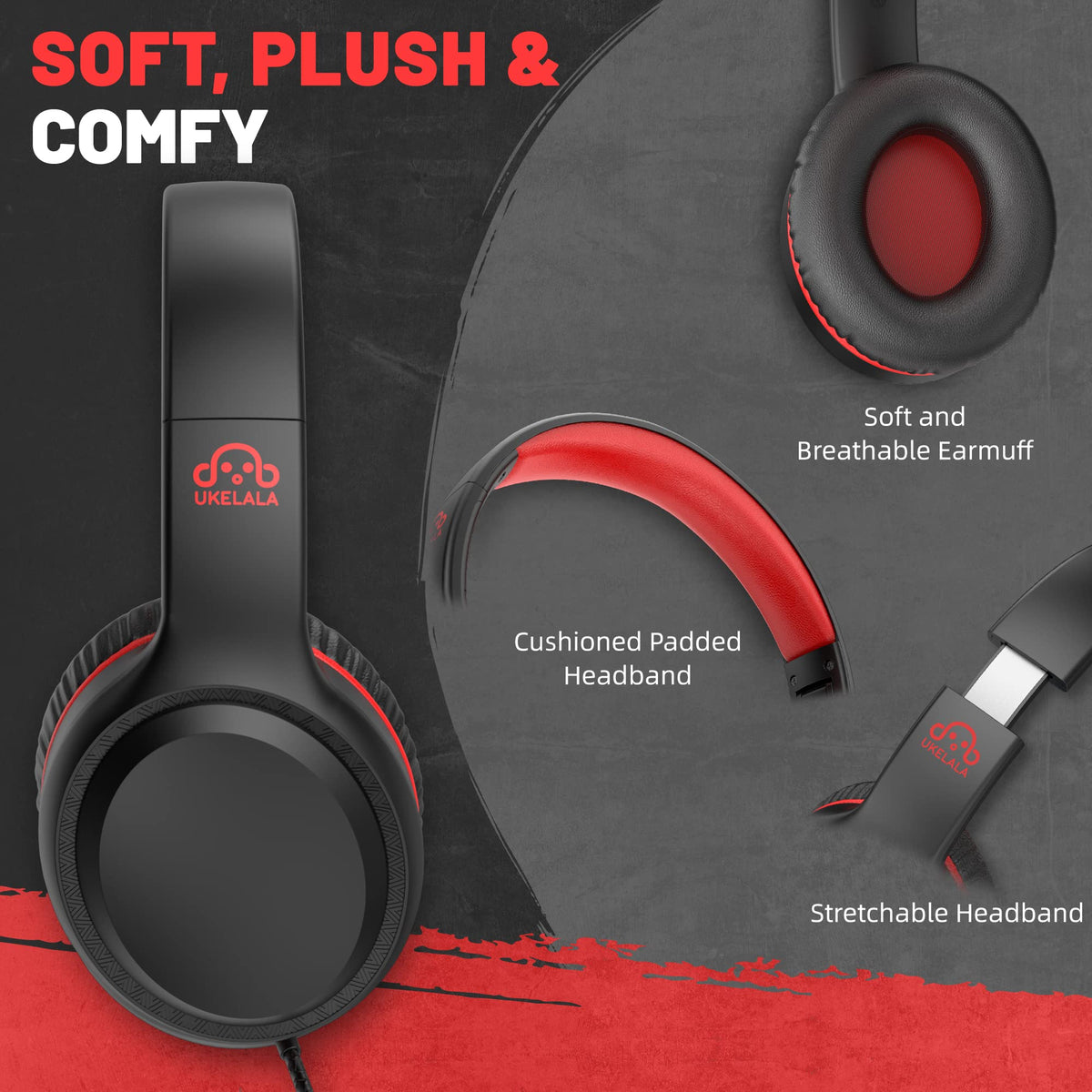 UKELALA U2C Type C Headphones - Black/Red view 1