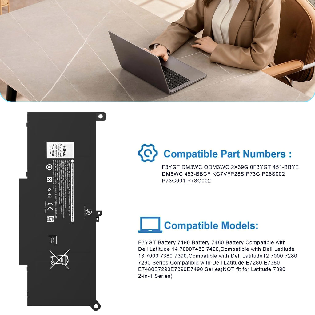 Mercobat F3YGT Compatible with Dell LAT. 7280 7290 7380 7390 7480 7490 (additional view 4)