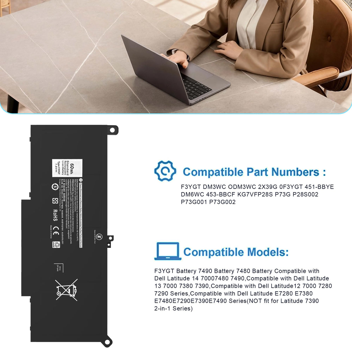 Mercobat F3YGT Compatible with Dell LAT. 7280 7290 7380 7390 7480 7490 (additional view 4)