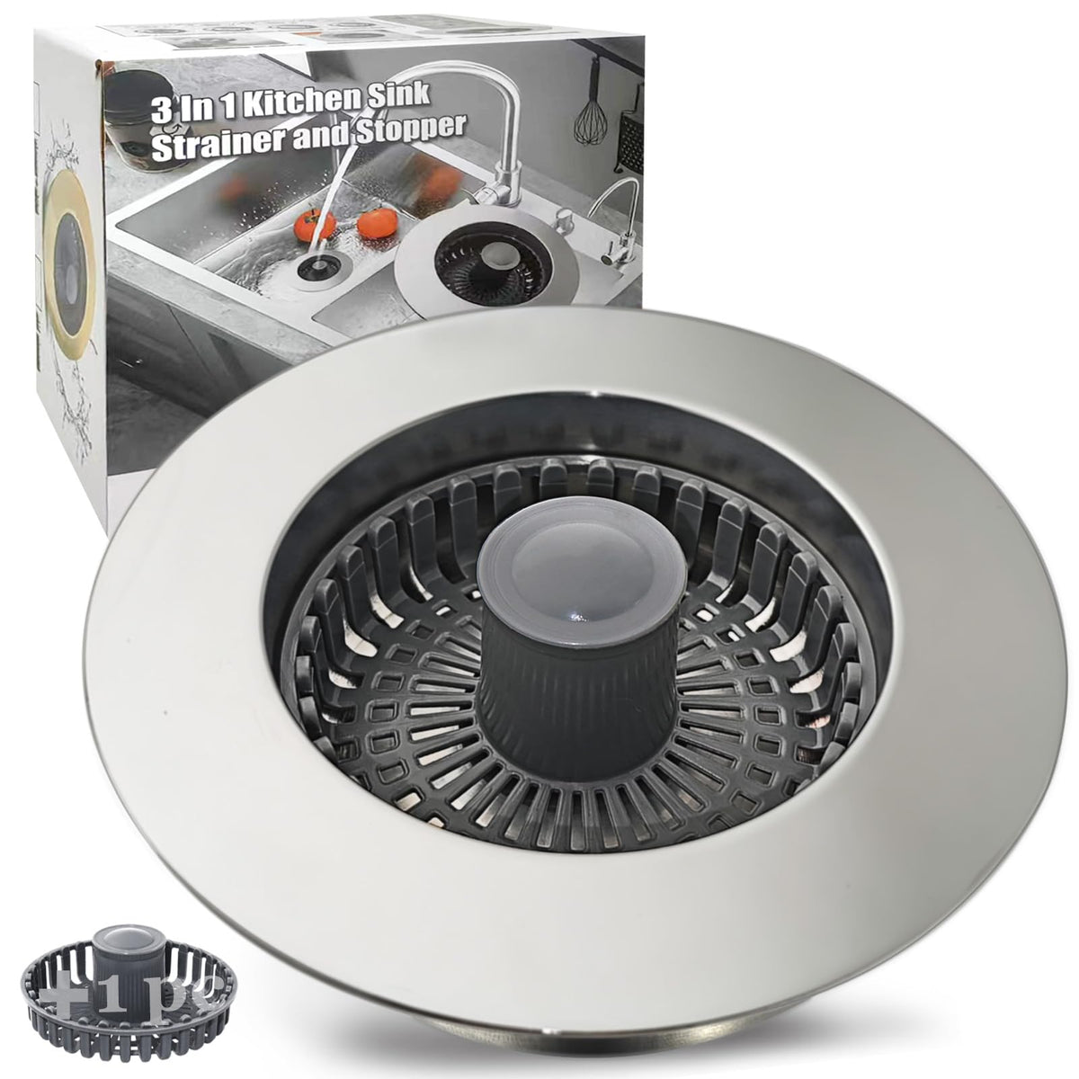 Anlige Kitchen Sink Drain Strainer,3 in 1 Pop Up Kitchen Sink Stopper - Chrome Silver