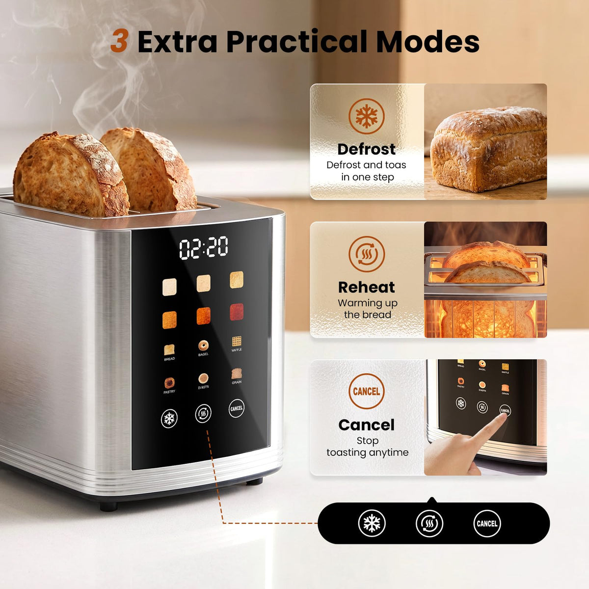 Toaster 2 Slice Touch Screen, Smart Toaster Wide Slot, Full Stainless Steel (additional view 5)