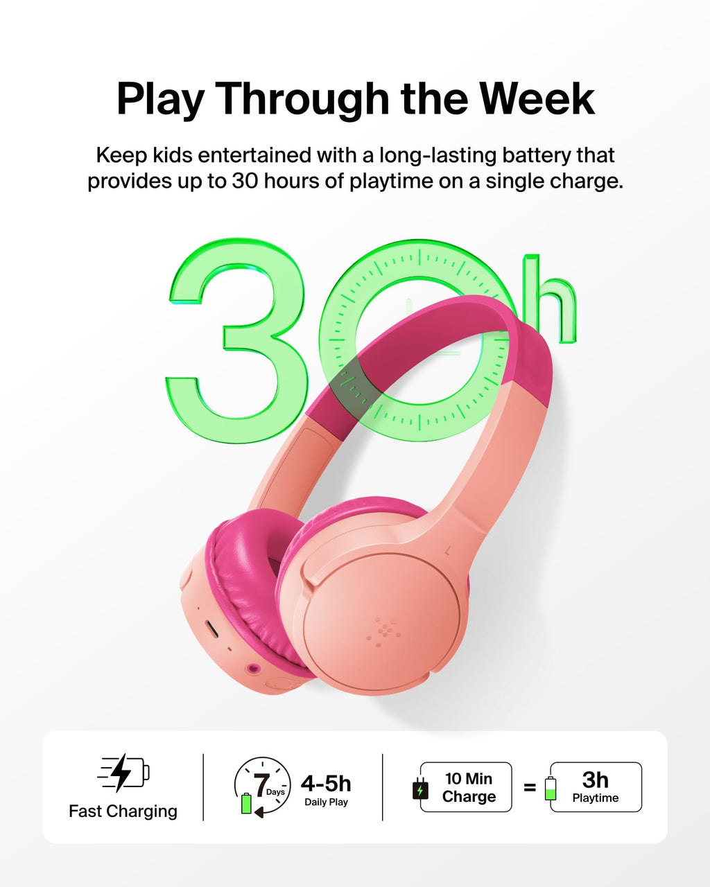 Belkin SoundForm Mini Kids Headphones - Pink / Wireless (USB-C) view 3
