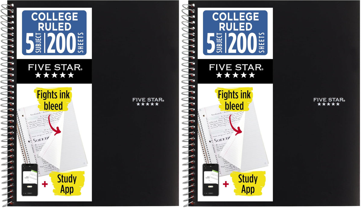 Five Star Spiral Notebook + Study App, 5 Subject, College Ruled Paper