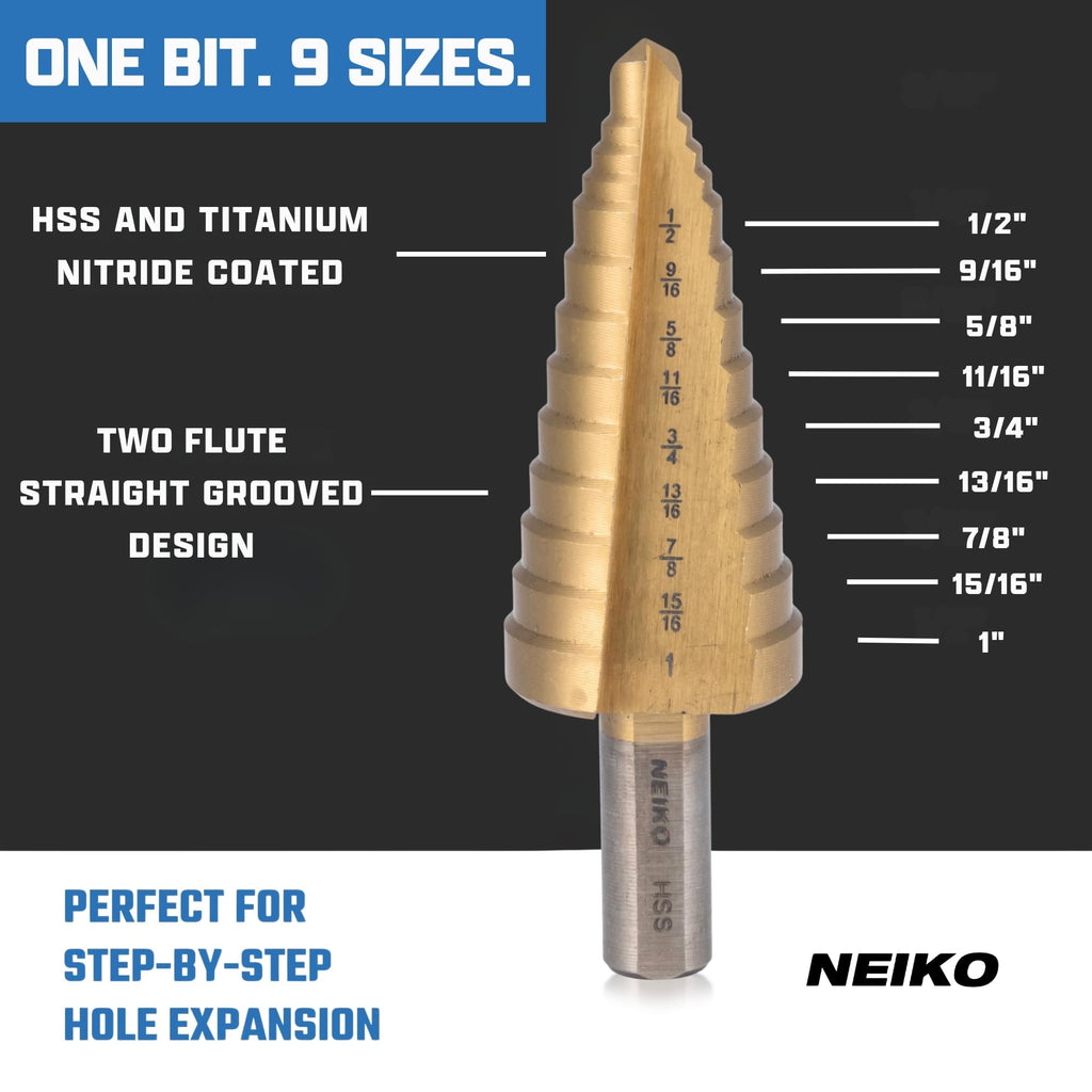 NEIKO 10622A Step Drill Bit, 9 Steps 1/2" to 1" Straight High Speed Steel, Titanium (additional view 1)