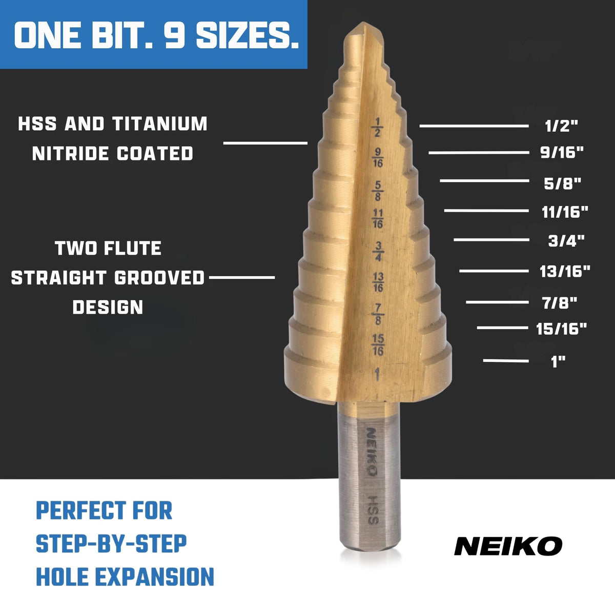 NEIKO 10622A Step Drill Bit, 9 Steps 1/2" to 1" Straight High Speed Steel, Titanium (additional view 1)