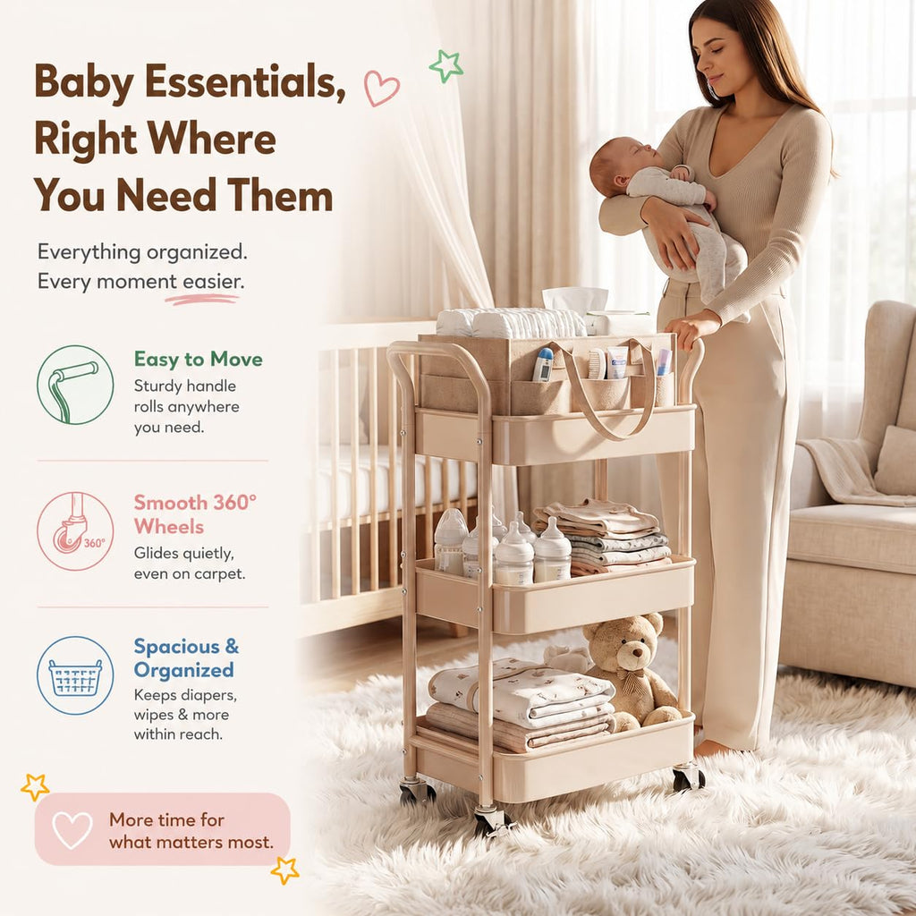 3 Tier Rolling Diaper Caddy Cart - Beige view 1