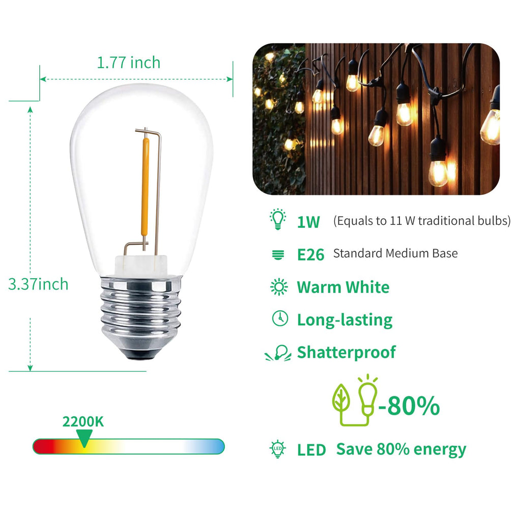 Meconard Pack S14 LED Outdoor String Light Replacement Bulbs, Warm White
