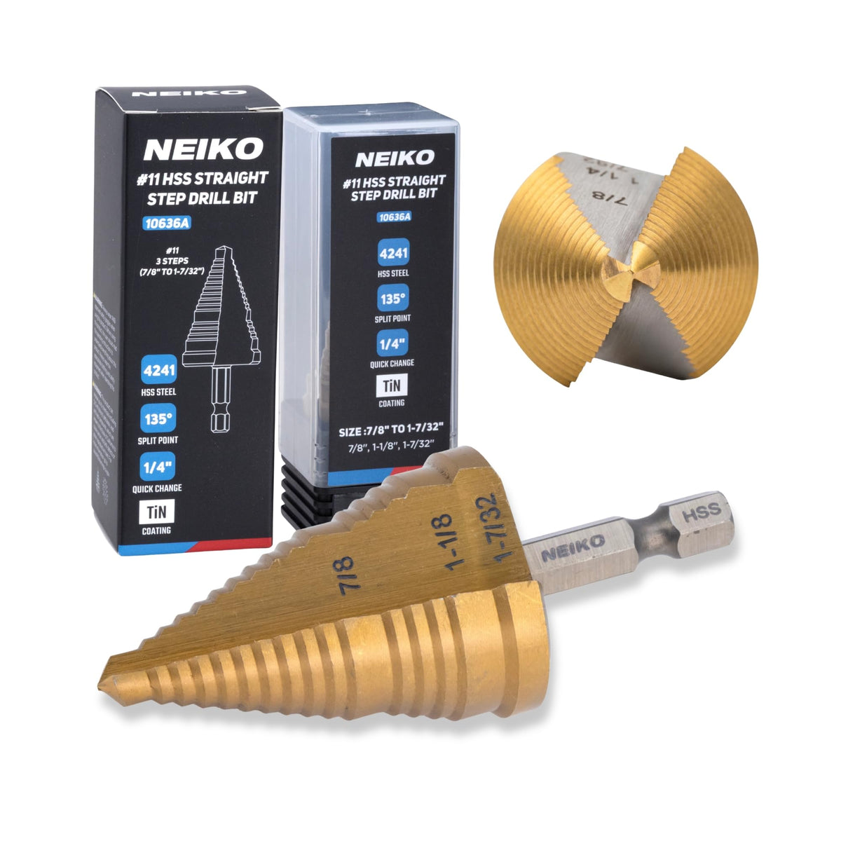 NEIKO 10636A Step Drill Bit, 3 Steps 7/8" to 1-7/32" Straight High Speed Steel, Titanium