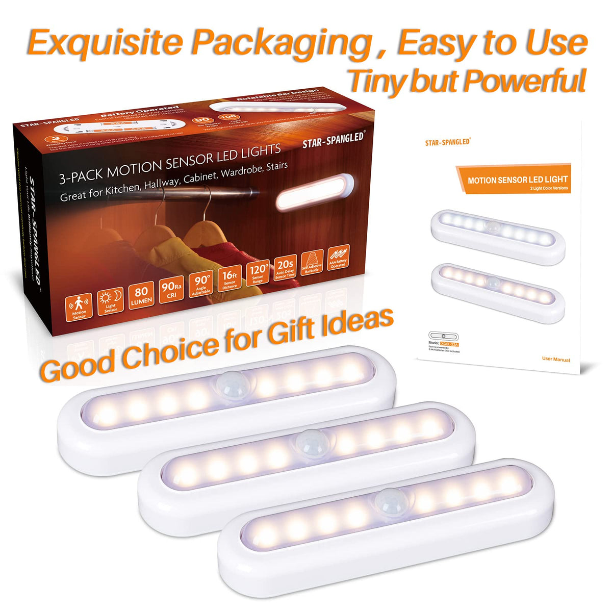 STAR-SPANGLED 7” Motion Sensor Lights Indoor AAA Battery, 3 Pack Warm – White (XGCL-22A)