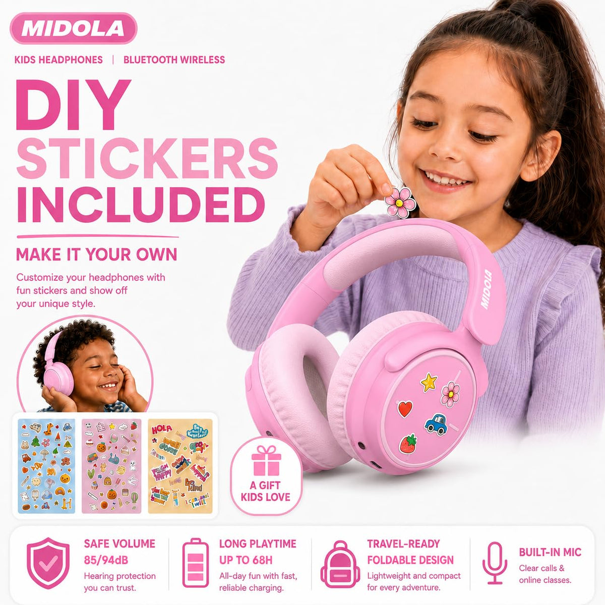 Kids Bluetooth Headphones Wireless Over-Ear,68Hrs,Volume Limit 85/94dB - Pink view 8