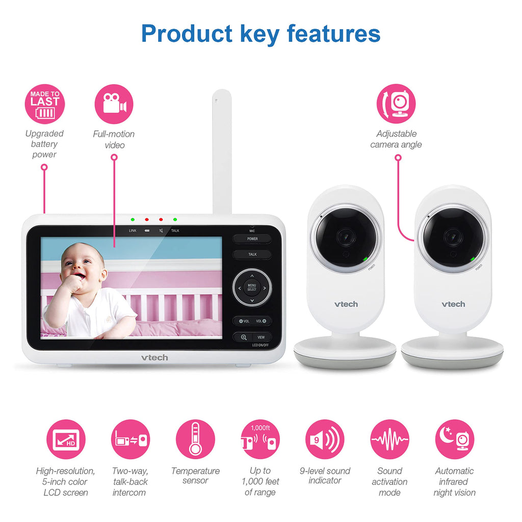 VTech Baby Monitor with 2 Cameras No WiFi & 5" Screen – Split-Screen, Patrol Mode, Night Vision, Two-Way Talk