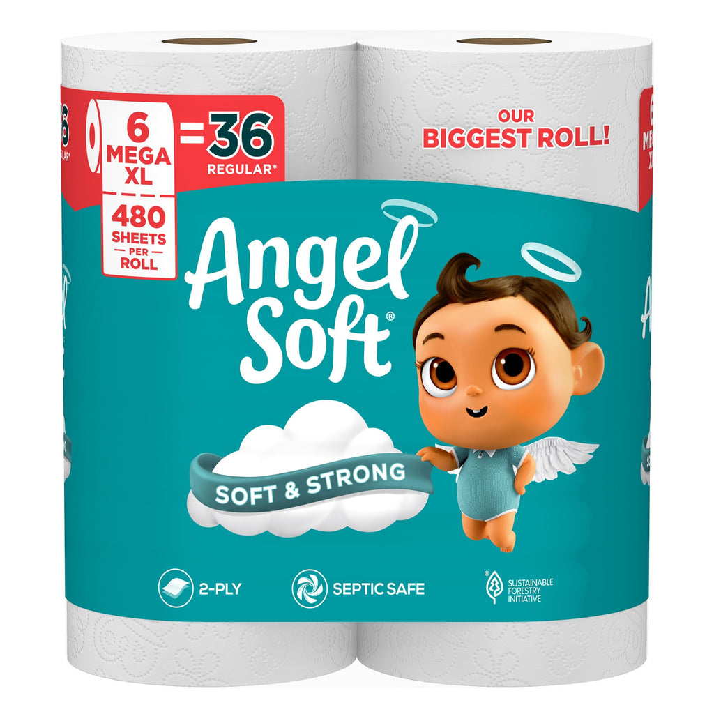 Angel Soft Toilet Paper, 6 Mega XL Rolls = 36 Regular Rolls, Soft and Strong Toilet Tissue