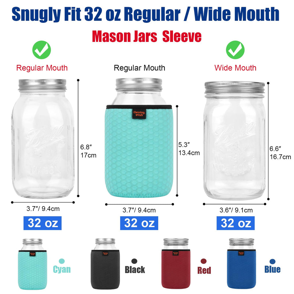 Desing Non-slip Cozy Insulated Glass Jars Protector Holder Sleeves - 32 oz Sleeves (3.7 x 5.3 In) - Black/Red/Blue/Cyan view 1