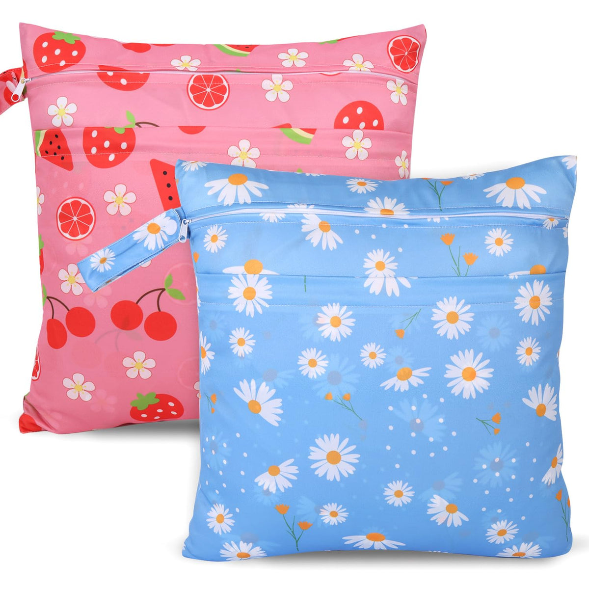 SANFERGE 2pcs Cloth Diaper Wet Dry Bags, Waterproof Reusable Wet Bag with 2 Zipper Pockets & Handle, Washable Laundry Bags for Baby Adult Clothes Travel Beach Pool Daycare - Cartoon 2 Blue + Pink / MEDIUM
