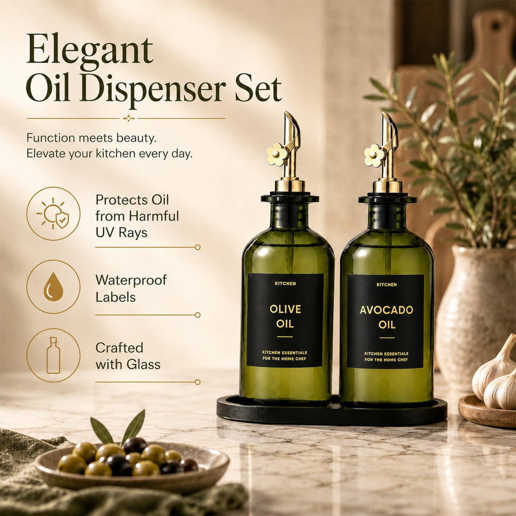 Olive Oil Dispenser for Kitchen, 2-Pack 12oz Glass Bottle - Olive-Green&Gold Labels view 1