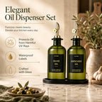 Olive Oil Dispenser for Kitchen, 2-Pack 12oz Glass Bottle - Olive-Green&Gold Labels view 1