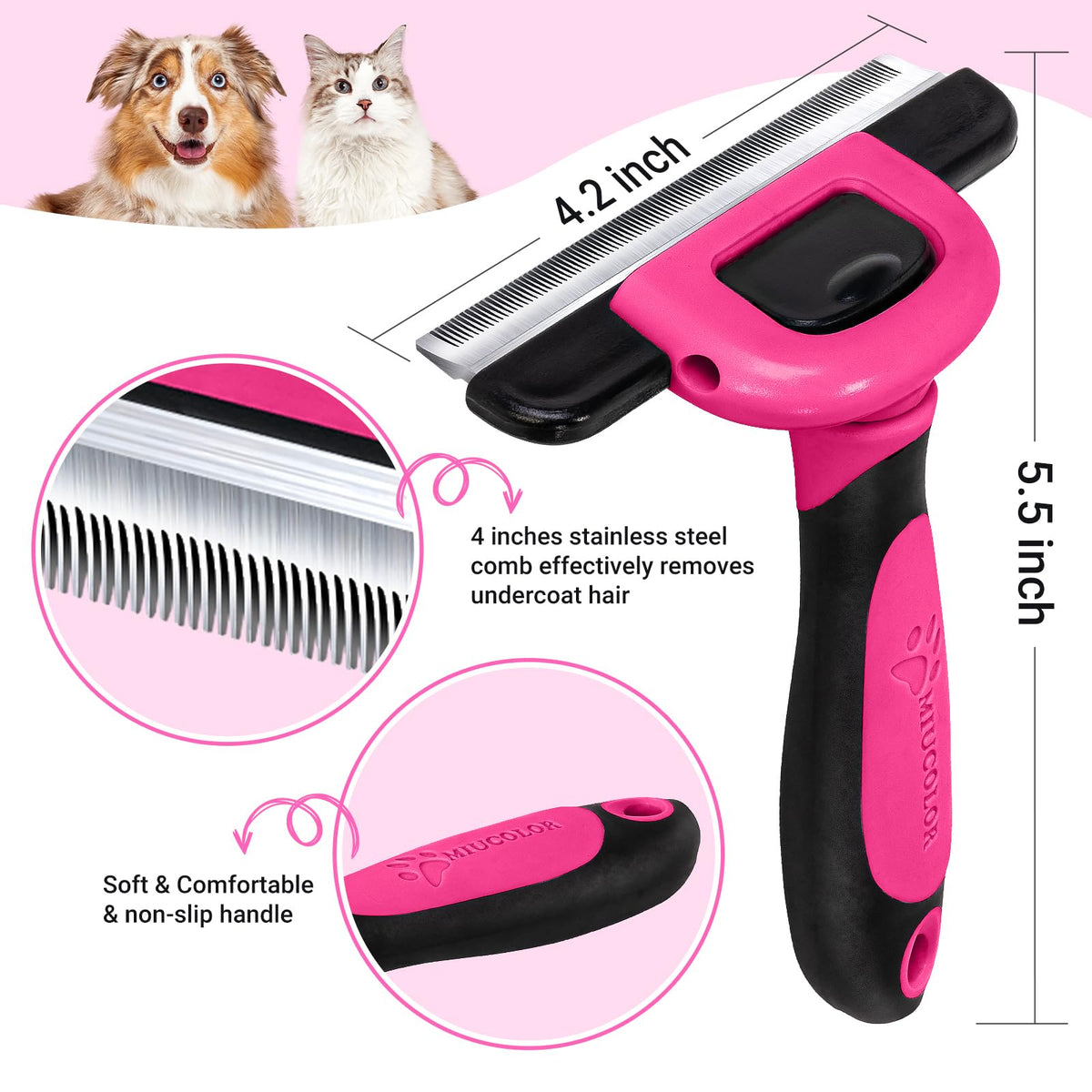 MIU COLOR Pet Grooming Brush Deshedding Tool for Dogs & Cats - Hot Pink / Short and Medium Hair view 1