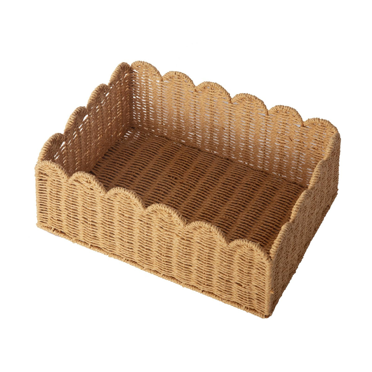 Scalloped Basket, Wicker Storage Baskets, Hand Woven Baskets for Shelves,Natural Baskets for Organizing - Light Brown / M