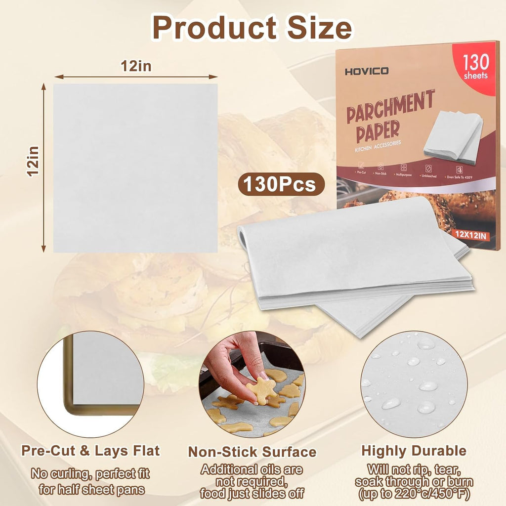 Hovico 130PCS Parchment Paper Baking Sheets - White 12" x 12" view 2
