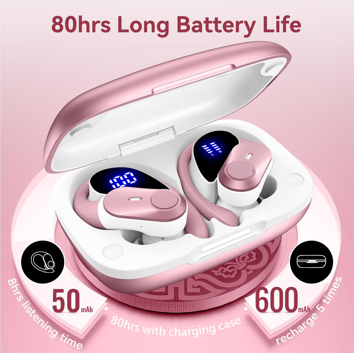 Active Noise Cancelling Ear Buds Wireless Bluetooth Headphones 80H Playtime Display Charging Case 50dB ANC Over - Rose Gold view 4