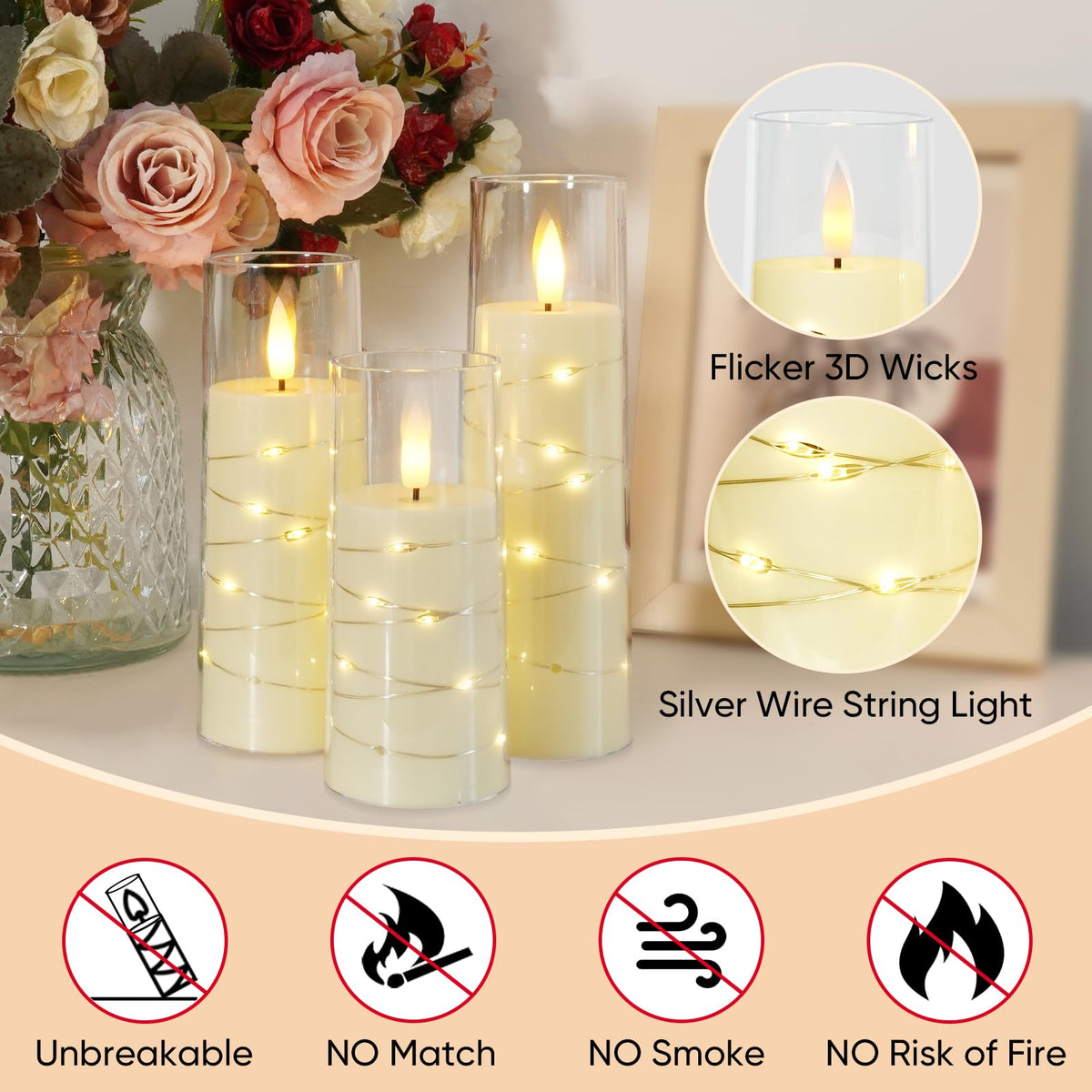 Raycare Flameless Candles with String Lights - 9pcs-Ivory view 4