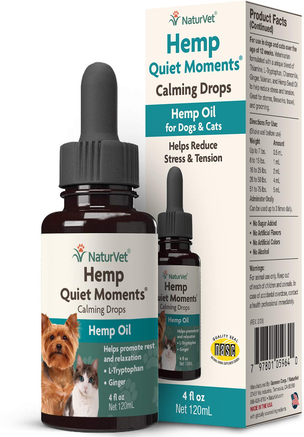 NaturVet Hemp Quiet Moments Calming Drops for Dogs & Cats - – 4 oz