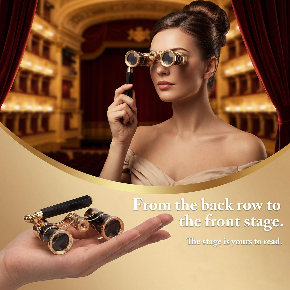 3X25 Opera Glasses with Neck Chain & Extendable Handle - Black view 1