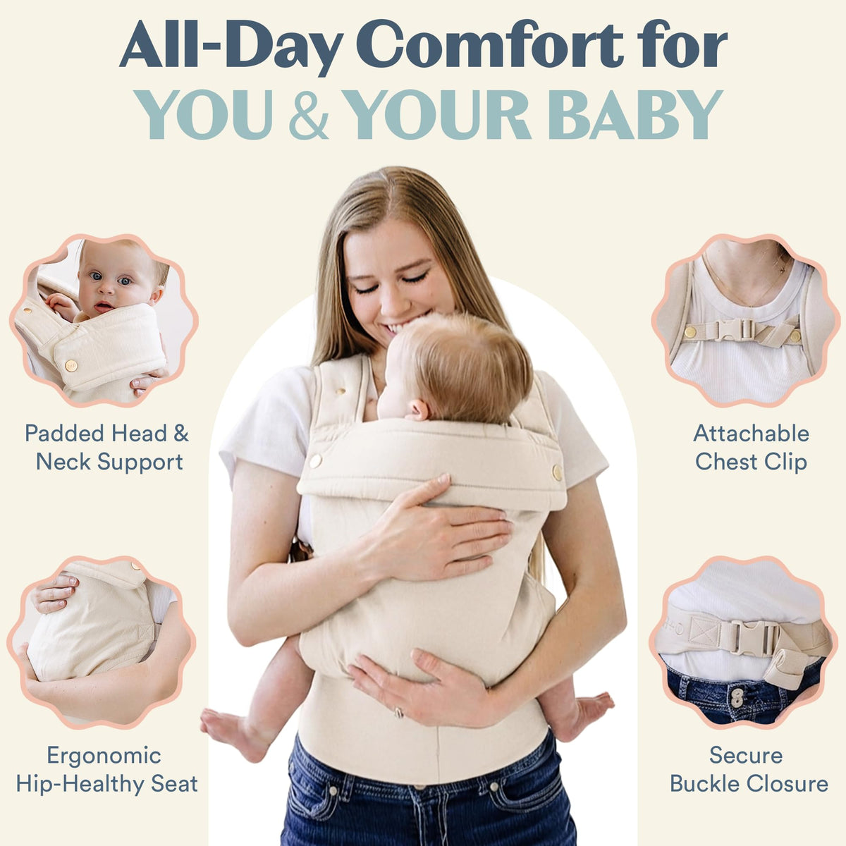 Ergonomic Hip-Healthy Baby Carrier, Front and Back Carry, 7-35 lbs - Vanilla view 3