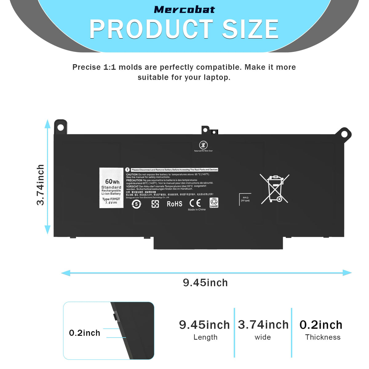Mercobat F3YGT Compatible with Dell LAT. 7280 7290 7380 7390 7480 7490 (additional view 2)