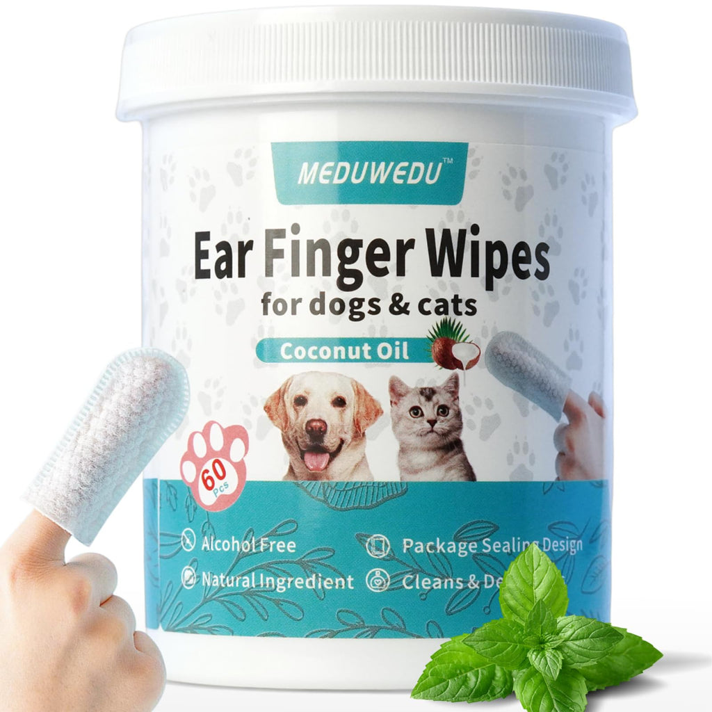 MEDUWEDU Ear Cleaner Finger Wipes 60 Counts, Dog Ear Cleaner, Grooming Kit Care for Dogs and Cats, Soft & Easy Otic