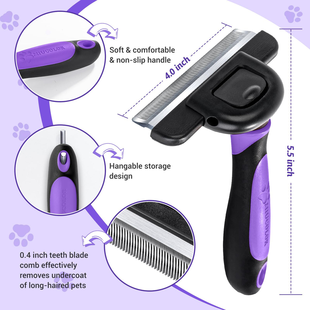 MIU COLOR Pet Grooming Brush Deshedding Tool for Dogs & Cats - Purple / Long Hair view 4