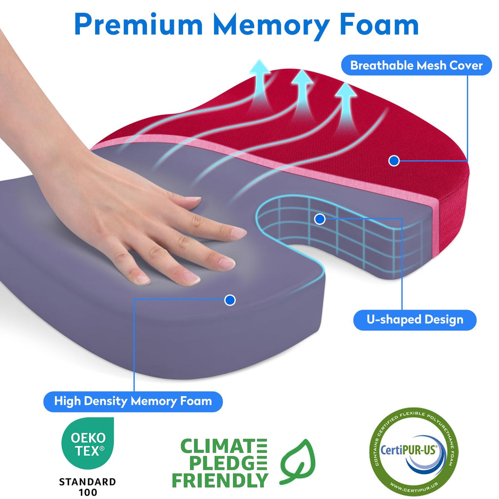 CushZone Memory Foam Seat Cushion for Office Hair, Car & Wheelchair, – Red (MPN-CZ0004-RE)