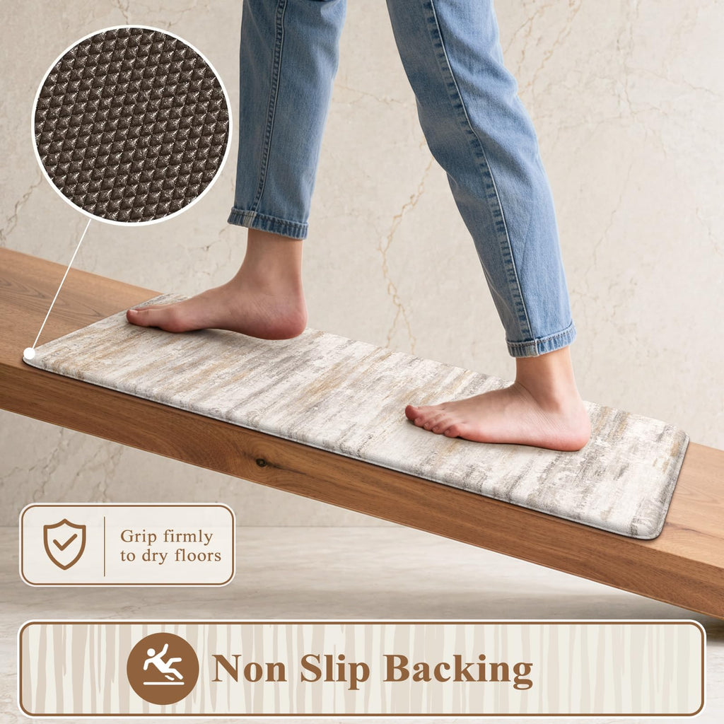 KIMODE Anti Fatigue Kitchen Mat, Abstract Farmhouse Kitchen Rugs Sets of 2 - Light Brown/Multi / 17.3" x 47"+17.3" x 29"--0.47 inches view 3