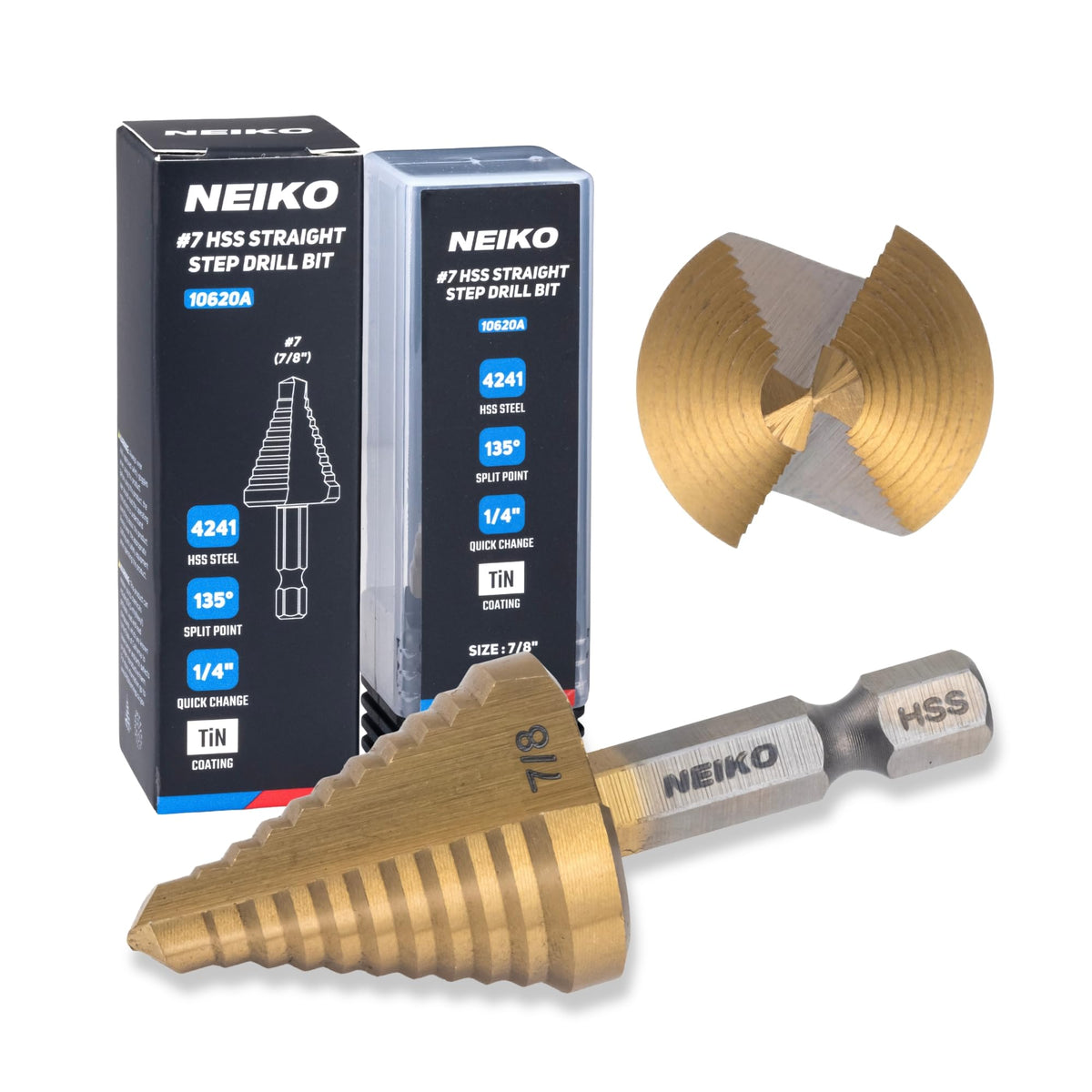 NEIKO 10620A Step Drill Bit, 1 Step 7/8" Straight High Speed Steel, Titanium Nitride