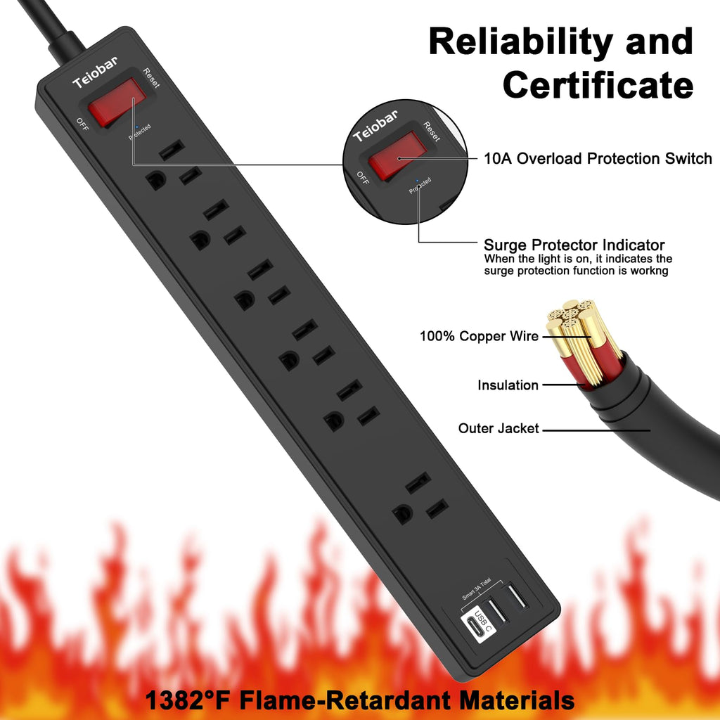Teiobar Extension Cord Power Strip - Black(6 Outlets/2U1C) / 6 Ft view 5